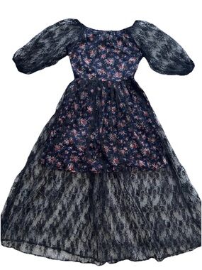 D&G Dolce & Gabbana Black Floral Lace Maxi Dress Balloon Sleeve Scoop Neck